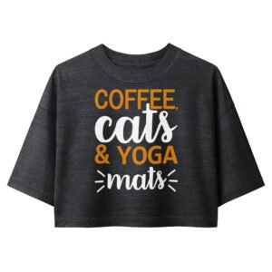 Sharol Milles Coffee Cats & Yoga Women’s Cropped T-Shirt – Black - Image 5